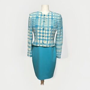 VTG David Hayes Montaldos Silk Sheath Dress Jacket Set 6 Blue White Designer 80s
